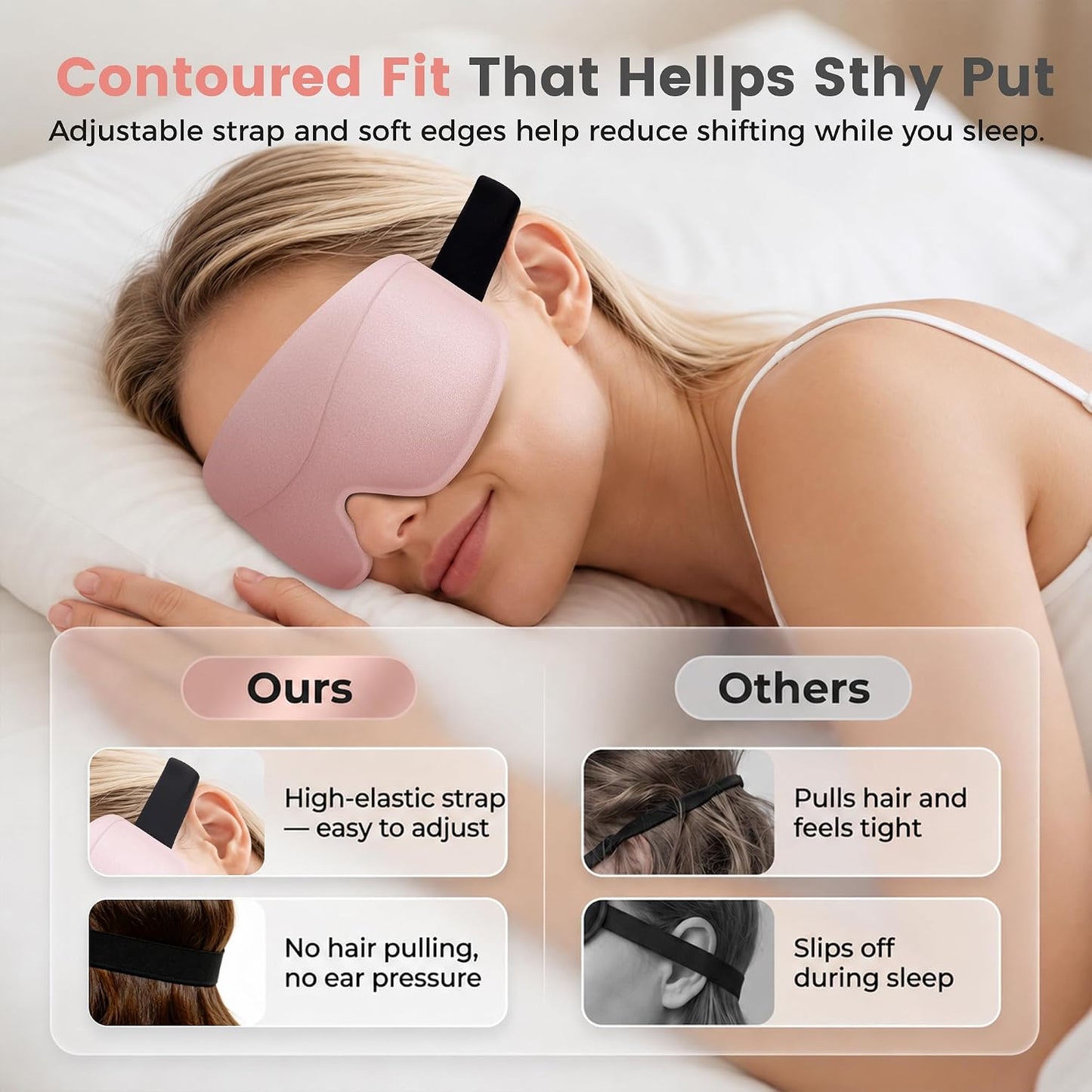 Sleep Mask for Women Men: 100% Blackout 3D Eye Mask for Sleeping, Sleeping Mask for Side Sleepers, Zero Pressure Memory Foam Eyelash Friendly Breathable Eye Cover, Airplane Travel Essentials-Pink