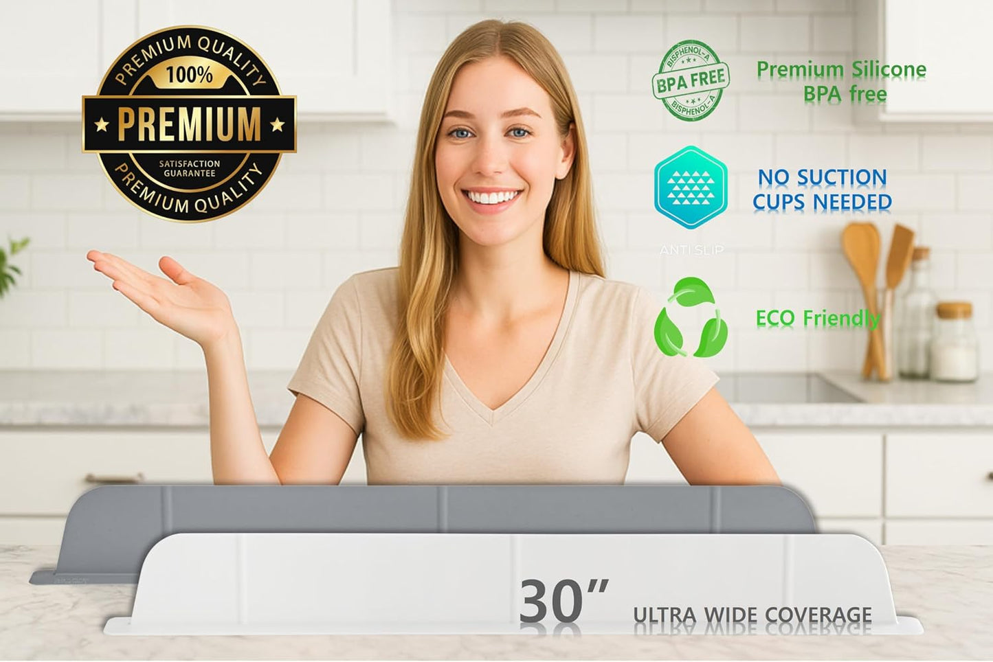 30 inch(75cm) Premium Kitchen Sink Silicone Water Splash Guard SIZE UPGRADE 30" and new package - NO Suction Cups, Ultra Wide 30" - Made in Korea (Ultra Wide Eco Gray)