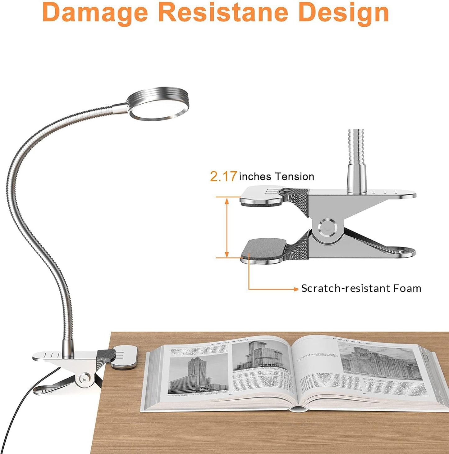 LEPOWER Clip on Light, Book Reading Lamp for Desk, Bed Headboard and Dorm | Adjustable Gooseneck, Color & Brightness Changeable, Adapter Included, LED Table Lamp for Computer, Bedside, Metal, White