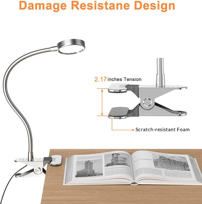 LEPOWER Clip on Light, Book Reading Lamp for Desk, Bed Headboard and Dorm | Adjustable Gooseneck, Color & Brightness Changeable, Adapter Included, LED Table Lamp for Computer, Bedside, Metal, White