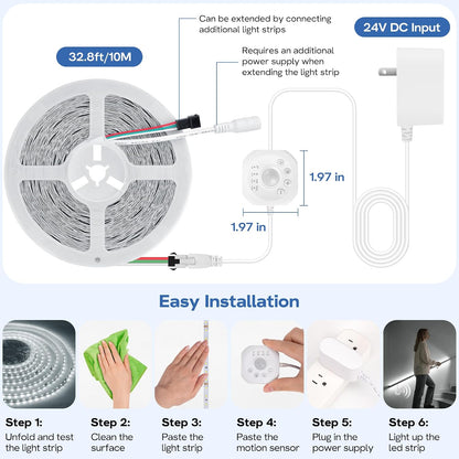 Motion Sensor LED Strip Lights 32.8ft 6500K White with Running Water Effect | Cool white running water flowing motion activated led stair lights, dimmable & auto-off timer,24v for kitchen,corridor,indoor