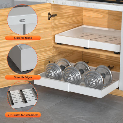 4 Pack Expandable Pull Out Cabinet Organizer | fixed by nano adhesive film,heavy duty sliding drawer,suitable for kitchen,pantry cabinet storage