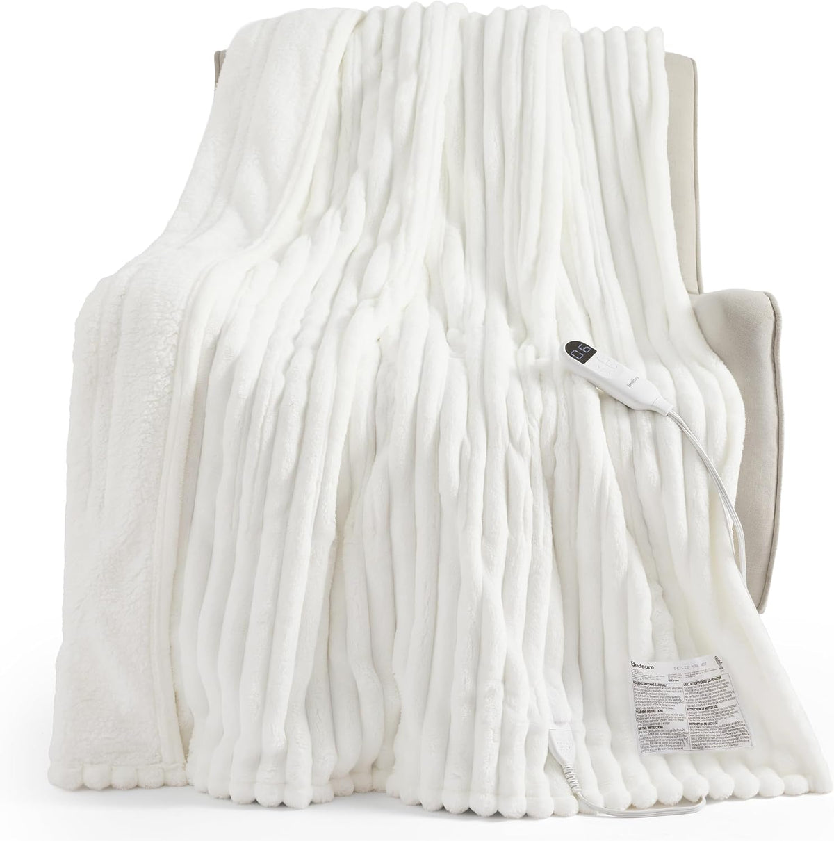 Bedsure Heated Blanket Electric Throw - Thick Striped Fast Heating Electric Blanket with Preheat Function, 6 Heat & 6 Timer (Up to 10H), 8H Auto Off, ETL Certified, Gifts for Women (50"x60", White)