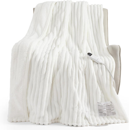 Bedsure Heated Blanket Electric Throw - Thick Striped Fast Heating Electric Blanket with Preheat Function, 6 Heat & 6 Timer (Up to 10H), 8H Auto Off, ETL Certified, Gifts for Women (50"x60", White)