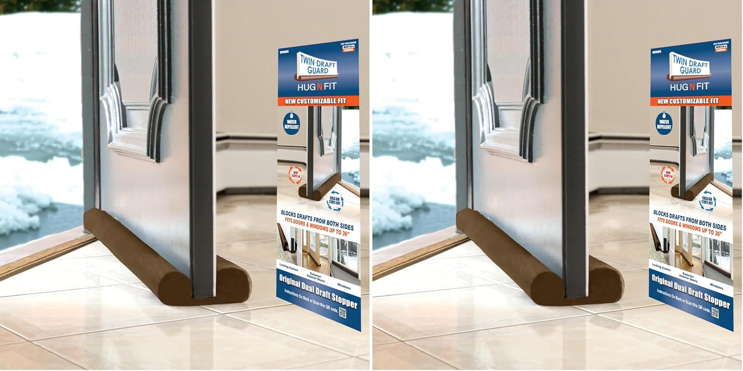 Twin Draft Guard Hug N Fit, Original Dual Draft Stopper Instantly Blocks Air from Entering, Water Repellent, Fits 28”-36” Length with 1.5” Energy Saver Tube