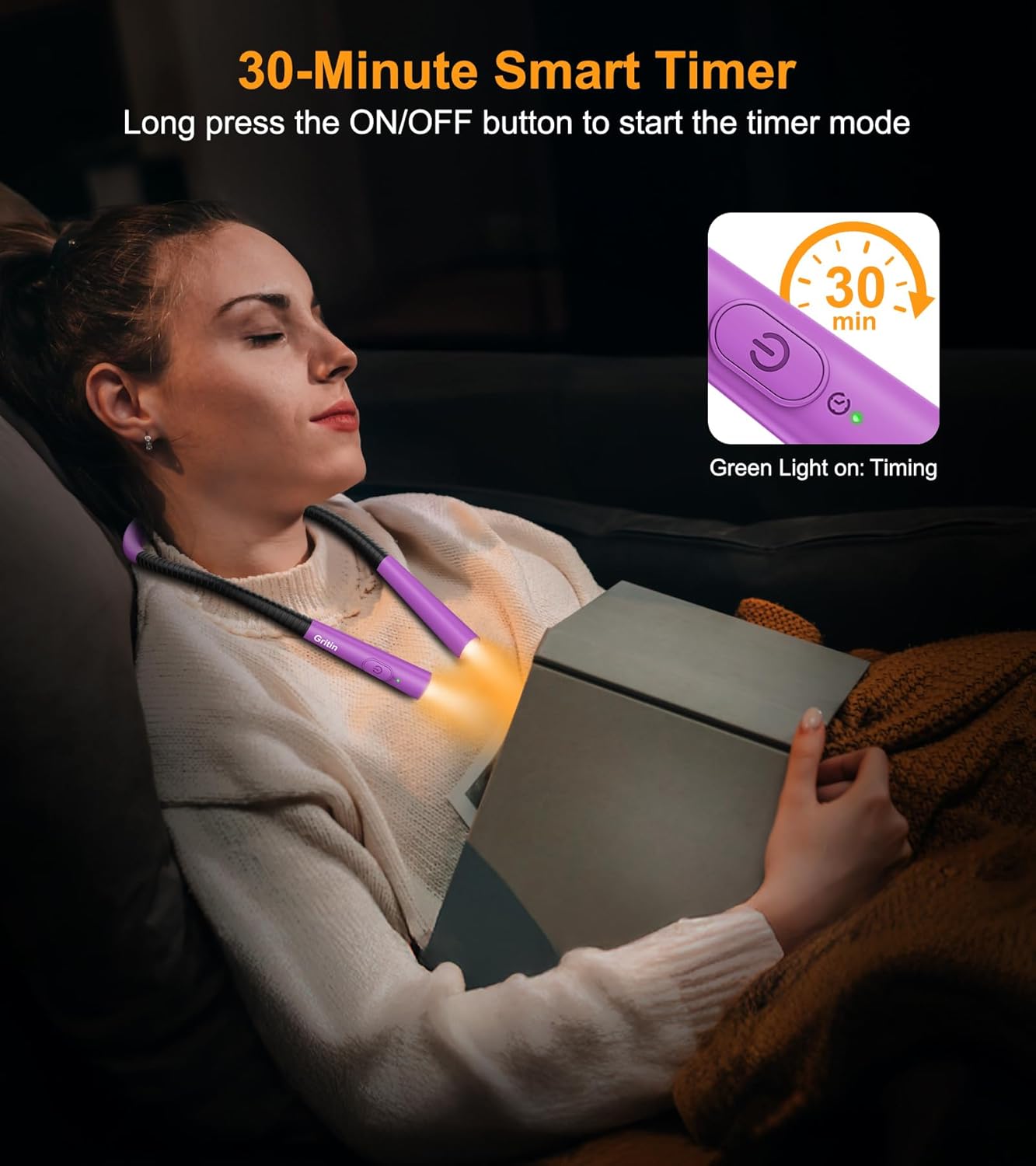 Gritin Book Light, Eye Caring 4-Color&5-Brightness Neck Light Reading Light | Stepless Dimming, 30-min Timer, 80+ Hrs Runtime, Bendable Round Neck Design, Lightweight for Reading, Knitting, Repairing