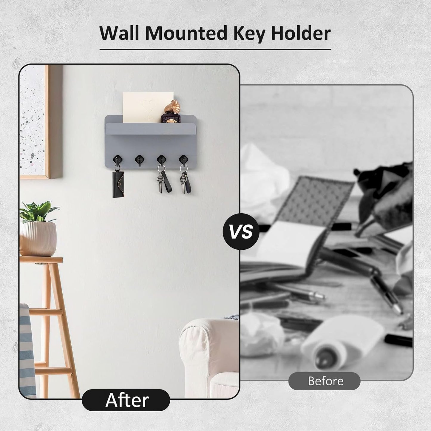 Nekon Key Holder Wall Mount, 8.5 Inch Small Wooden Wall Organizer, Black | Rustic Wall Shelf, Farmhouse Key and Mail Holder for Living Room Entryway Kitchen
