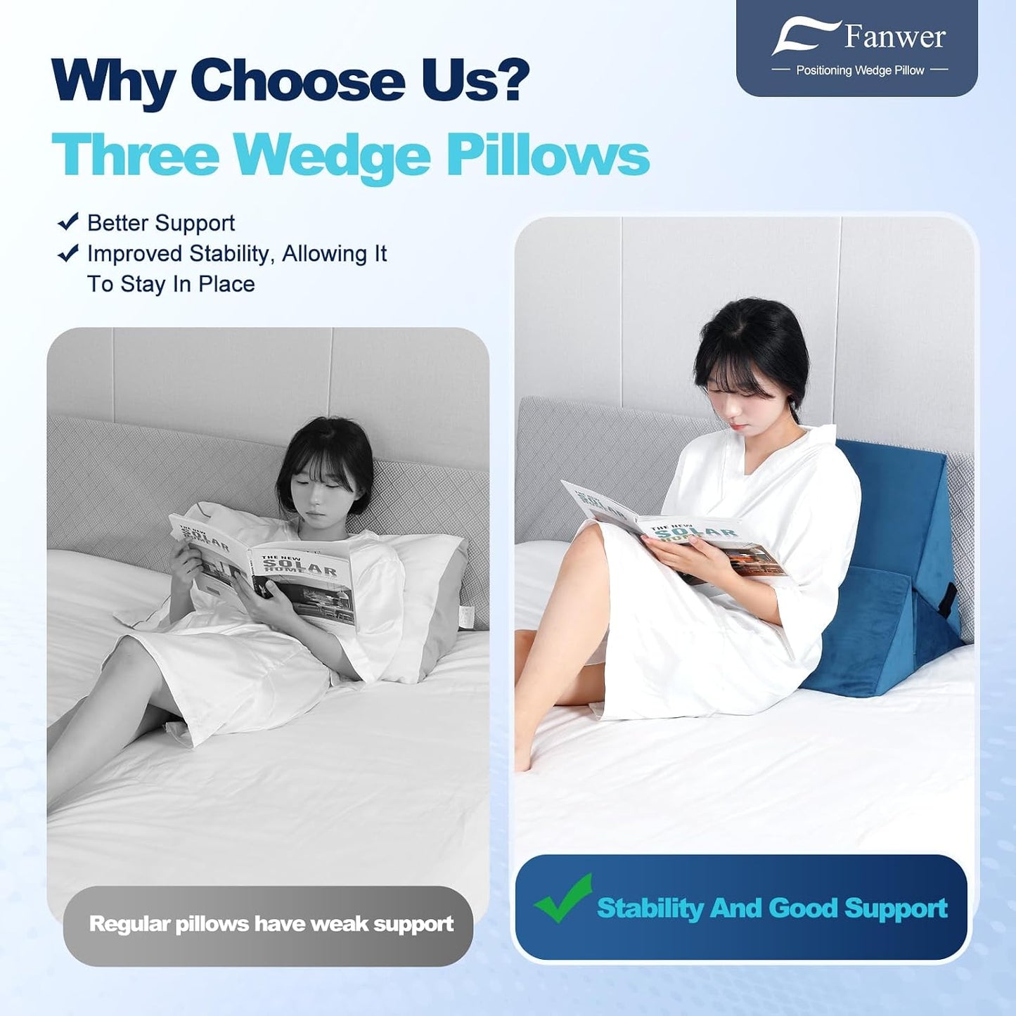 Fanwer Positioning Wedge Pillow for Side Sleeping (3 in 1), 40 Degree Triangle Bed Wedges & Body Positioners for Back Pain, Preventing Bedsores, After Surgery, Knees Elevated, Pregnancy
