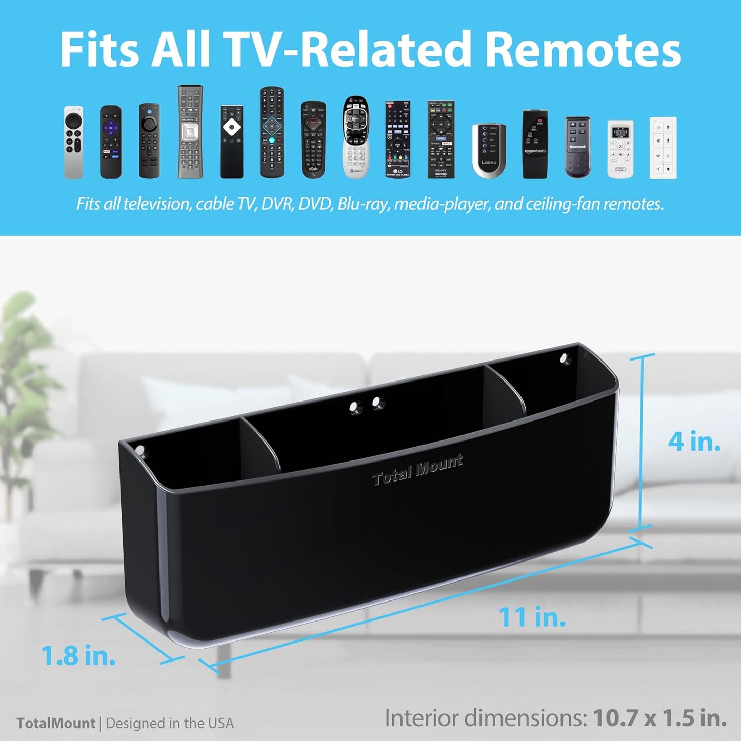 TotalMount Drop-Free Remote Holder – Removable Adhesive Strips – XL Black | Designed in the USA – Simply Put the Remotes In – No Tricky Magnet Alignment Needed (Holds 3 or 4 Remote Controls)