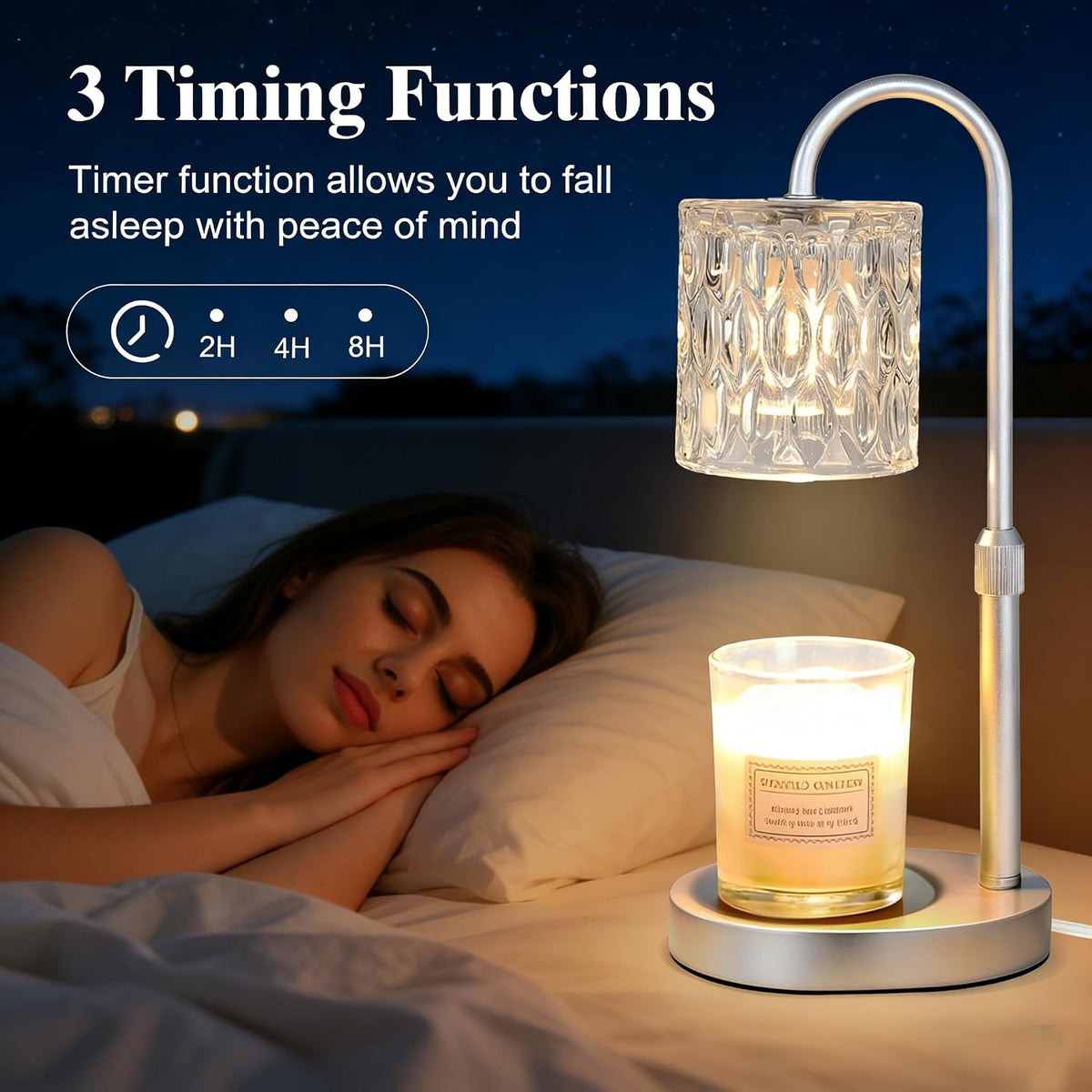 Dreamholder Electric Candle Warmer Lamp with Timer, Dimmable Candle Lamp with Adjustable Height, Wax Melter for Jar Candles Wood Base Floral Home Decor Gifts for Women Mom, Silver Glass