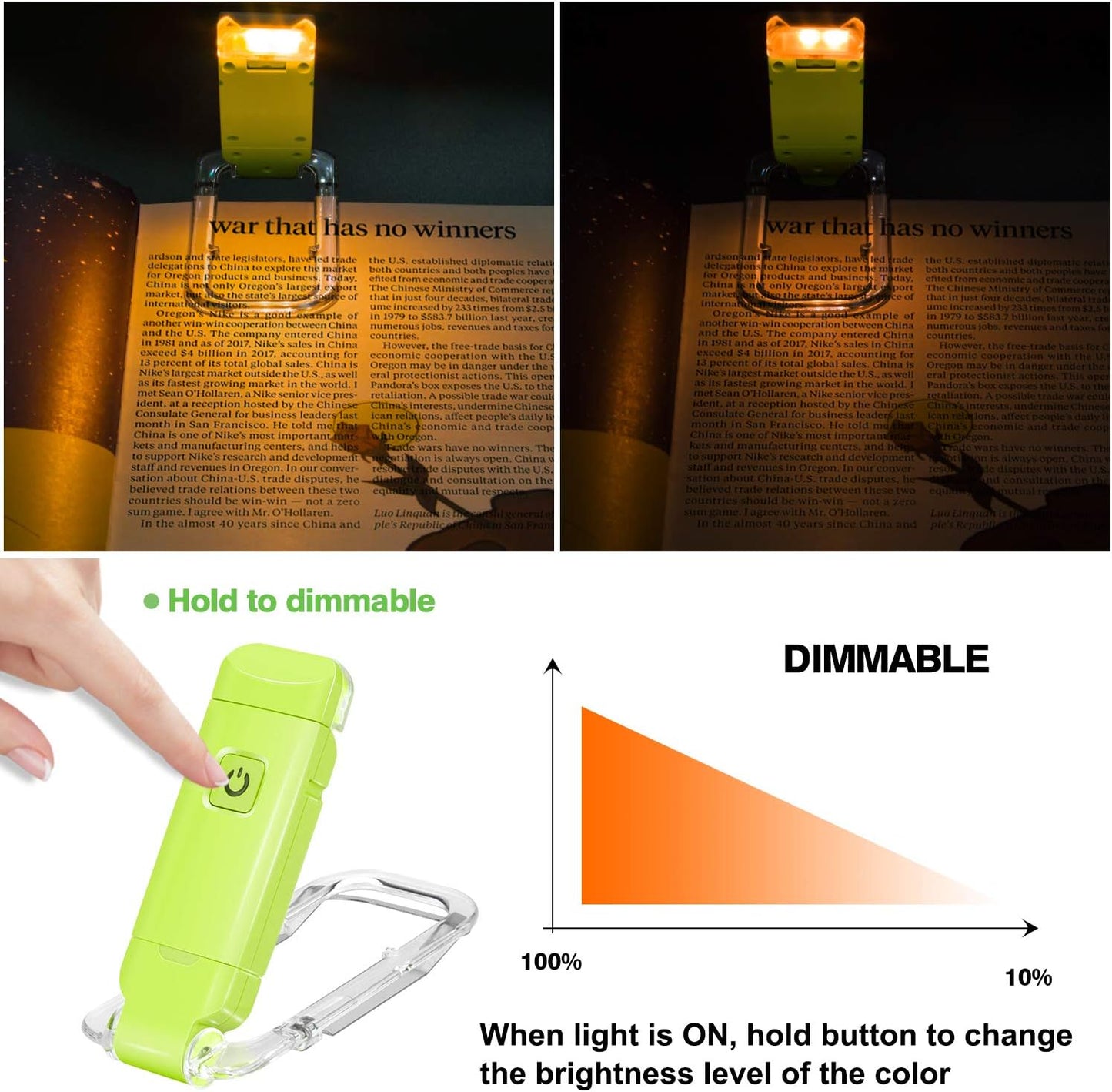 BIGLIGHT Amber Book Reading Light, LED Clip on Book Lights, Reading Lights for Books in Bed, Small Book Light for Kids, USB Rechargeable, 2 Brightness Adjustable for Eye Protection, Orange