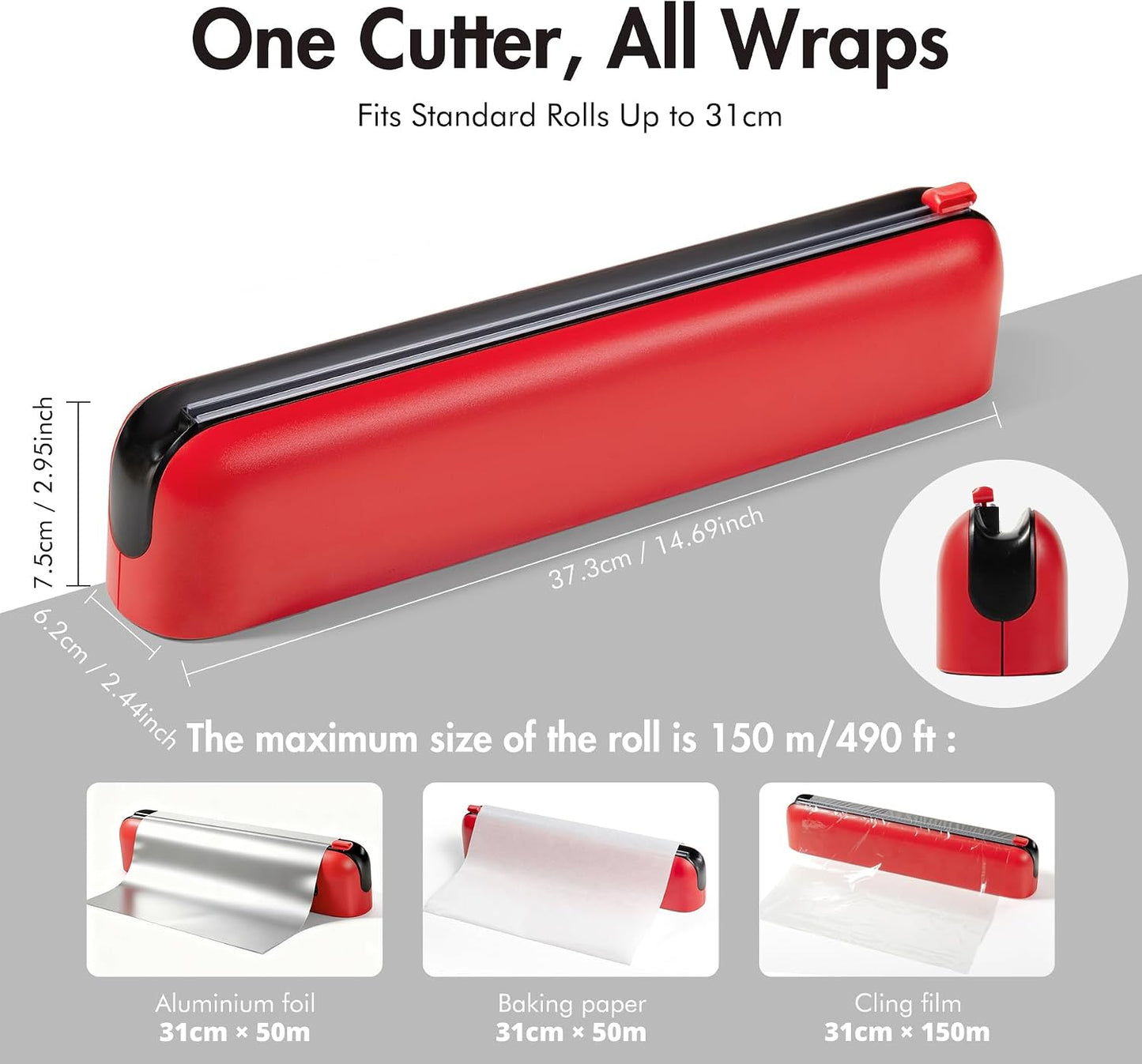 Aluminum Foil & Plastic Wrap Dispenser with Cutter - Easy One-Hand Operation, Space-Saving Kitchen Organizer for Worktops & Cabinets, Magnetic Cling Film Dispenser - Fits 12" Rolls, Gray