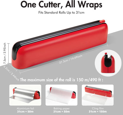 Aluminum Foil & Plastic Wrap Dispenser with Cutter - Easy One-Hand Operation, Space-Saving Kitchen Organizer for Worktops & Cabinets, Magnetic Cling Film Dispenser - Fits 12" Rolls, Gray