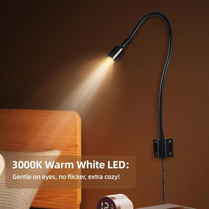 Reading LED Light for Bedside Bedroom Wall Mount Adjustable Gooseneck Black