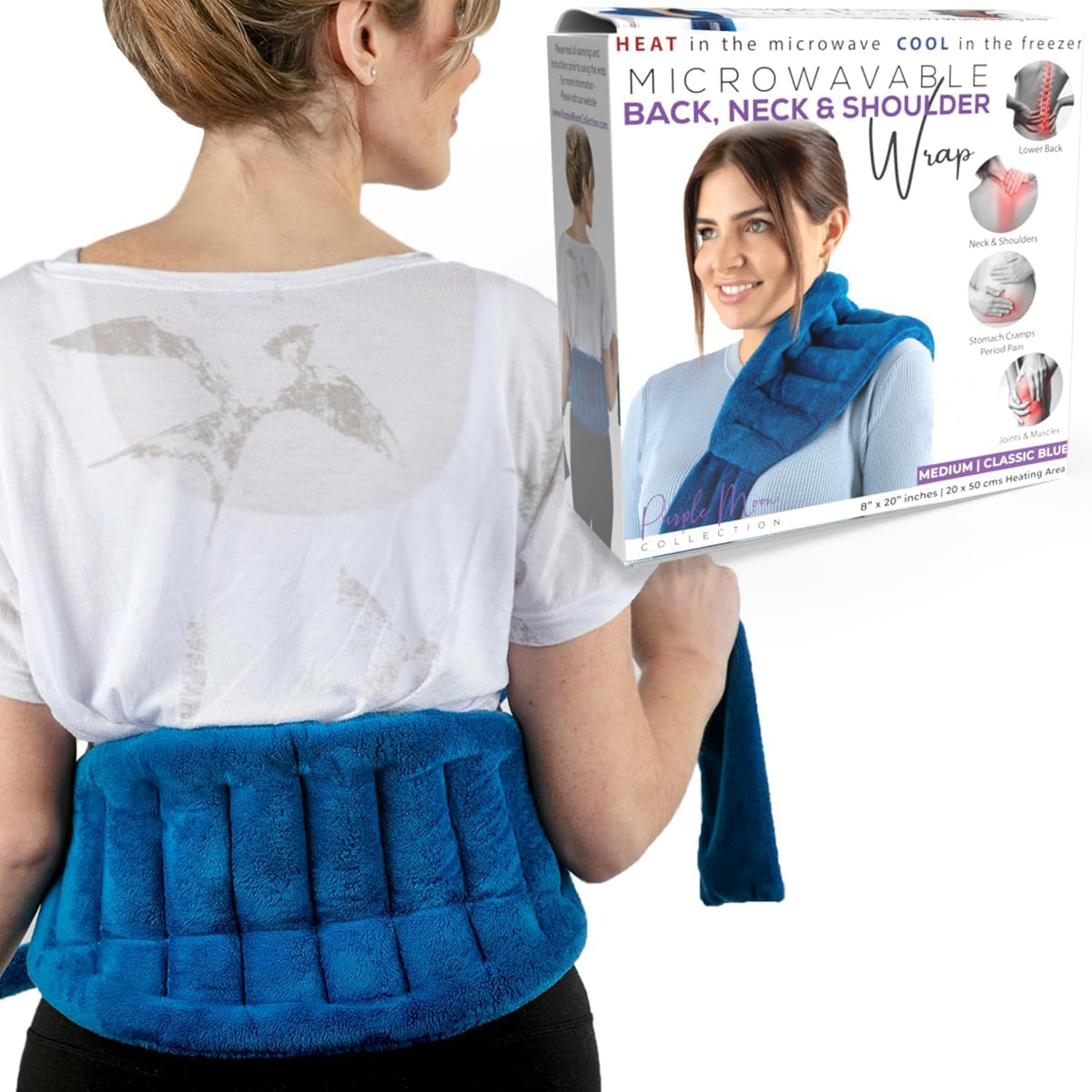 Purple Moon Collection - Microwavable Heating Pad with Straps - Medium, Gray - Reheatable Heat Pack for Back, Neck, Shoulders Pain Relief - Hot/Cold Therapy Body Wrap for Menstrual Cramps