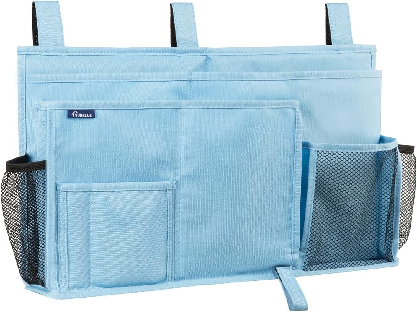 Surblue Bedside Caddy Hanging Organizer Storage Bag Pocket for Bunk, Hospital, College Dorm Rooms, Baby Bed Rails, Camp - 4 Pockets, 2 Hooks (Blue)