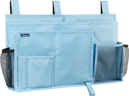Surblue Bedside Caddy Hanging Organizer Storage Bag Pocket for Bunk, Hospital, College Dorm Rooms, Baby Bed Rails, Camp - 4 Pockets, 2 Hooks (Blue)