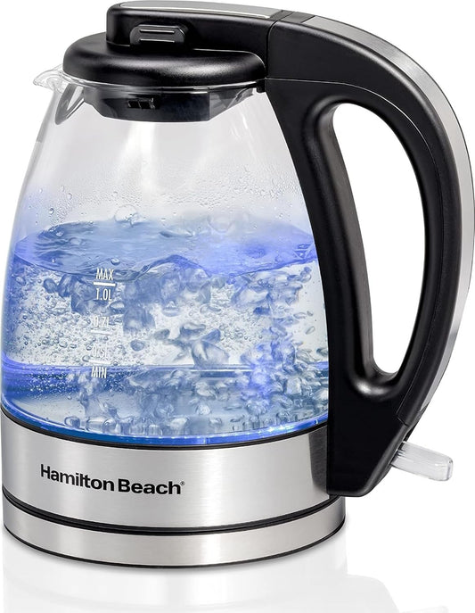 Hamilton Beach 1 Liter Electric Tea Kettle, Water Boiler & Heater | Fast Boiling 1500 Watts | BPA Free | Cordless Serving | Auto-Shutoff & Boil-Dry Protection | Blue LED | Clear Glass