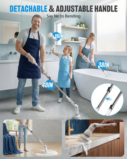 Electric Spin Scrubber, Cordless Shower Scrubber with 8 Replaceable Brush Heads, Adjustable Long Handle Bathroom Scrubber, 3 Speeds LED Display, IPX7 Waterproof Cleaning Brush for Bathtub Tile Floor