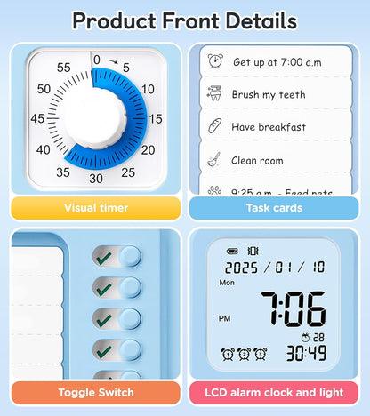 3-in-1 Visual Timer & ADHD Tool for Kids|Adults | Task Timer with Chore Chart Board, Visual Schedule for Kids Autism, Daily Checklist for Home, School, Classroom, Desk (White)