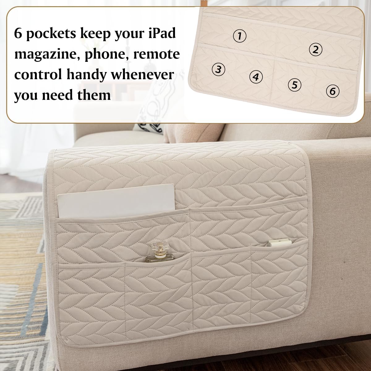 Remote Control Holder for Recliner, Sofa Armrest Organizer with Non-Slip Base, Tv Remote Holder Couch Caddy Armchair Caddy Bedside Organizer with 6 Pockets for Magazine, Tablet, Phone (Beige)