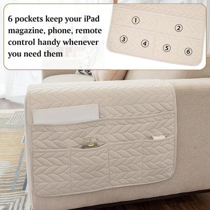 Remote Control Holder for Recliner, Sofa Armrest Organizer with Non-Slip Base, Tv Remote Holder Couch Caddy Armchair Caddy Bedside Organizer with 6 Pockets for Magazine, Tablet, Phone (Beige)