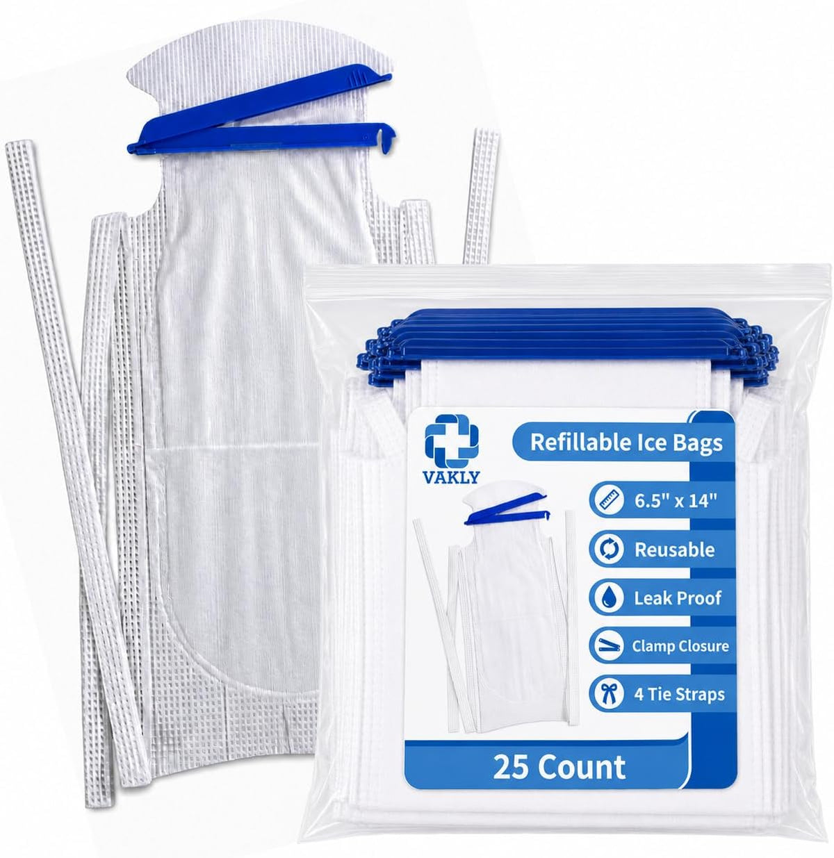 Vakly Large Refillable Ice Bags 6.5 x 14 [Pack of 5] – Reusable Ice Pack with Clamp Closure, Soft Outer Covering & Leak-Resistant Inner Layer for Hospital, Home & Sports Use
