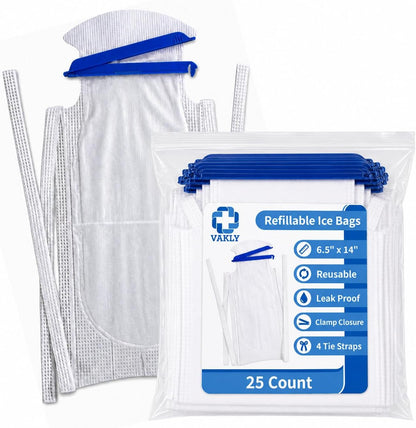 Vakly Large Refillable Ice Bags 6.5 x 14 [Pack of 5] – Reusable Ice Pack with Clamp Closure, Soft Outer Covering & Leak-Resistant Inner Layer for Hospital, Home & Sports Use