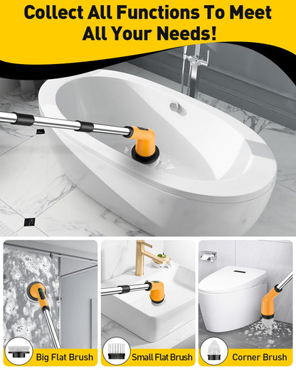 Electric Spin Scrubber for Bathroom, Shower Scrubber with Long Handle | Shower Cleaner Brushes, IPX7 Waterproof & 2 Speed, 3 Brush Heads, 90min Runtime, Bathroom Cleaning Supplies for Toilet Tub