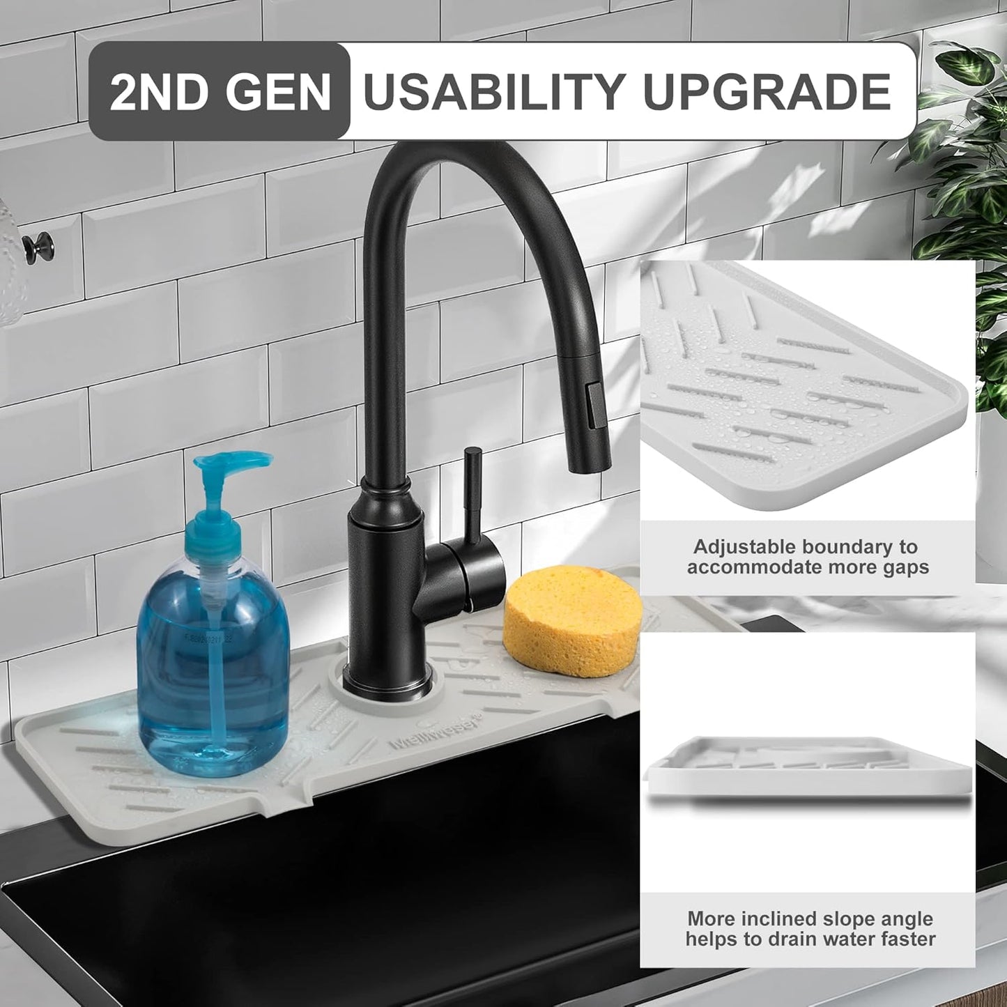 Silicone Faucet Mat for Kitchen Sink – Gen 2 Splash Guard with Upgraded Outlet & Slope – 18” x 5.1” Water Catcher & Sink Sponge Holder for Kitchen and Bathroom (Black)