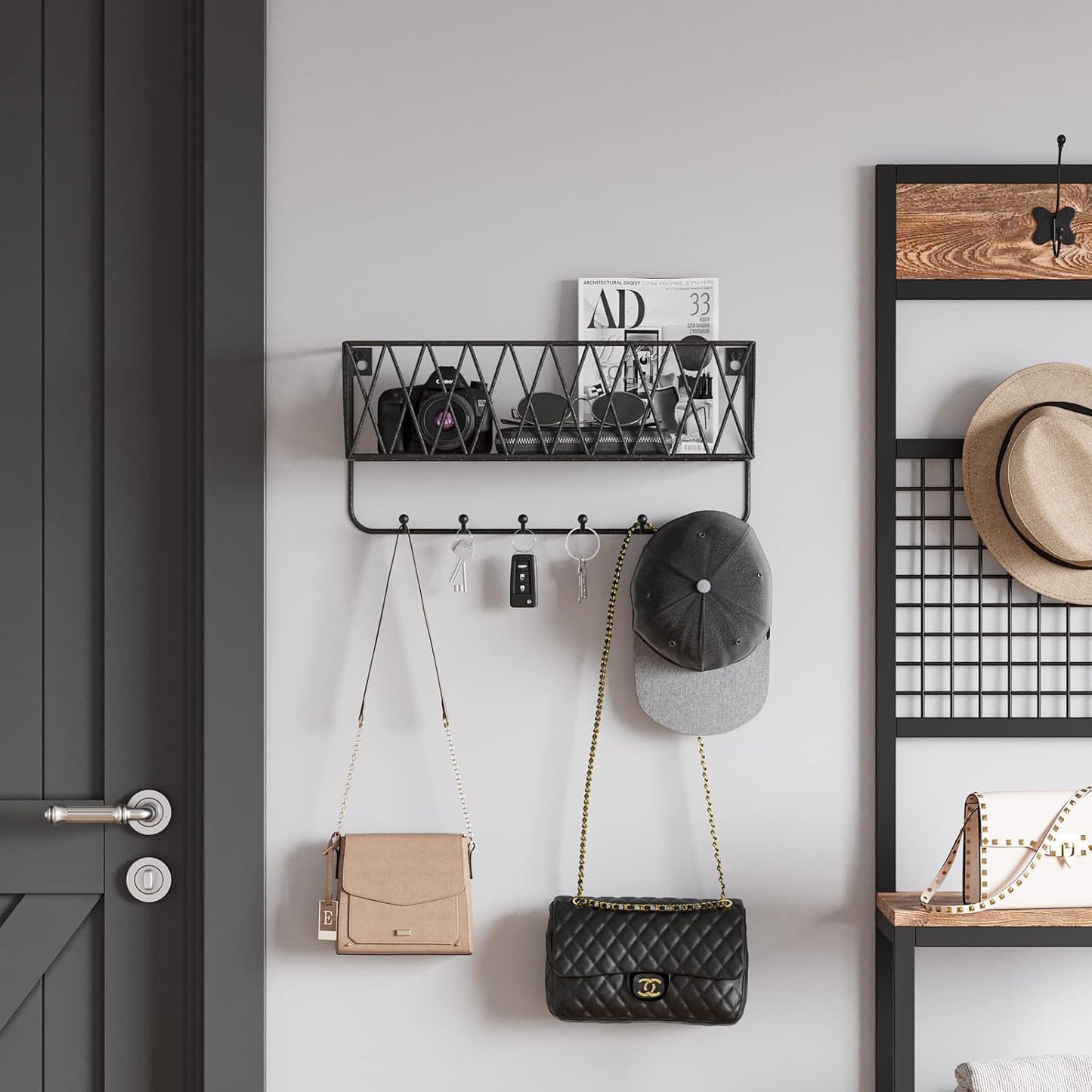 OROPY Entryway Mail Holder with Key Hooks, 14" L×4.7" W×6.5" H, Wall Mounted Matte Black Metal Wire Mesh Storage Basket with 6 Hooks, easy to Organize Letters, Magazines, Keys, Leashes for Entryway