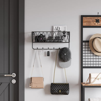 OROPY Entryway Mail Holder with Key Hooks, 14" L×4.7" W×6.5" H, Wall Mounted Matte Black Metal Wire Mesh Storage Basket with 6 Hooks, easy to Organize Letters, Magazines, Keys, Leashes for Entryway