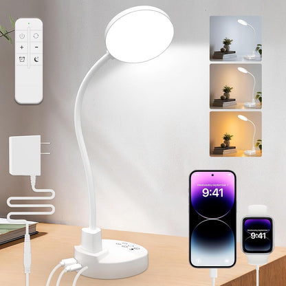 15W LED Desk Lamp with USB Charging Ports – Dimmable Table Lamp with 3 Color Temps, 5 Brightness, 4 Timers, Flexible Gooseneck Light with Base, Eye-Caring Reading Light for Home Office, Bedroom, Study