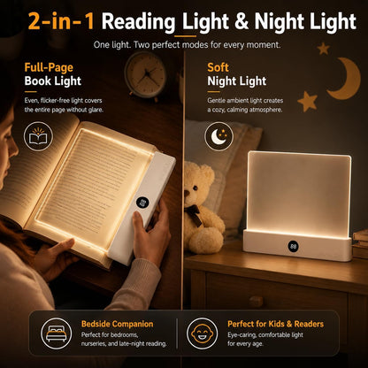 Book Light for Reading in Bed, Rechargeable LED Flat Book Light with Clear Full Page Panel, 3 Color Temperatures, Stepless Dimming, 1–99 Min Timer, 1200mAh USB-C Bookmark Light for Book Lovers(Pink)