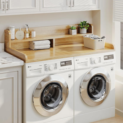 2-Tier Washer Dryer Countertop with 2.75" H Edge Rails, 54" W x 27.55" D Laundry Countertop for Folding Clothes, Washer and Dryer Topper with Non-Slip Pad (Dark Walnut)