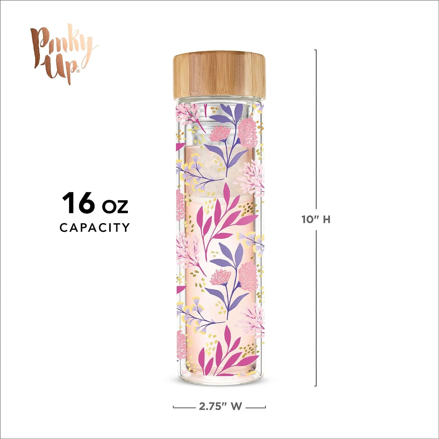 Pinky Up Blair Travel Tea Infuser Mug, Double Walled Insulated Travel Tumbler with Loose Leaf Tea Strainer, Travel Coffee Mug, Keeps Drinks Hot or Cold, 16 oz, White Leaf
