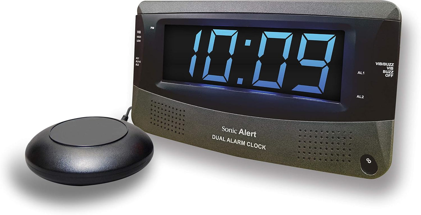 Sonic Alert Dual Extra Loud Alarm Clock with Bed Shaker Sonic Boom Vibrating Alarm Clock for Heavy Sleepers, Battery Backup | Wake with a Shake (Black)