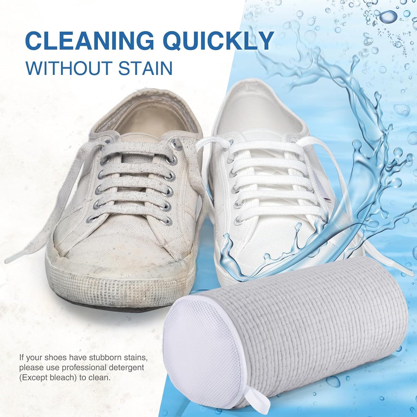 Shoe Washing Bag for Washing Machine, Fluffy Fibers Keep 360° Wrap-around Cleaning, Adjustable Shoe Trees, Durable Hidden Zipper Reusable Laundry Bag for Sneaker Gym Shoes White