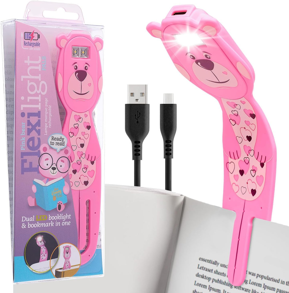 Gifts for Readers & Writers Rechargeable Book Light for Kids, Clip On Reading Light for Bed, 2in1 Flexilight Pals & Bookmark, 12 Hours of Light Once Charged, Includes USB Cable & 2 LED Lights, Dog