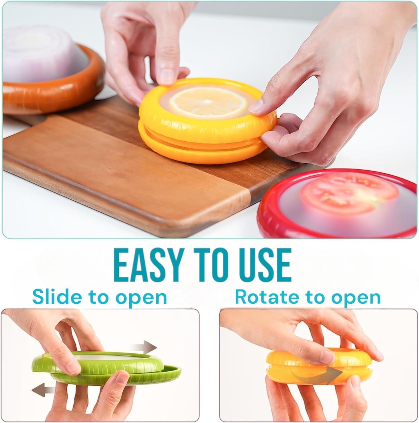 4Pcs Silicone Food Storage Containers with Bonus Knife - Reusable for Avocado, Onion,Tomato & Limon.