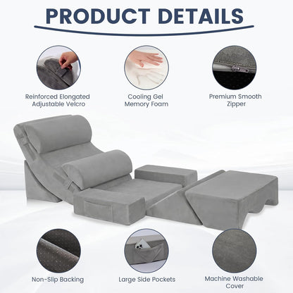 5PCS Wedge Pillow Set for After Surgery, Adjustable Orthopedic Foam Bed Wedge Pillow for Acid Reflux, GERD & Heartburn Relief, Back & Leg Elevation Support for Sleeping & Sitting Up, White Grey