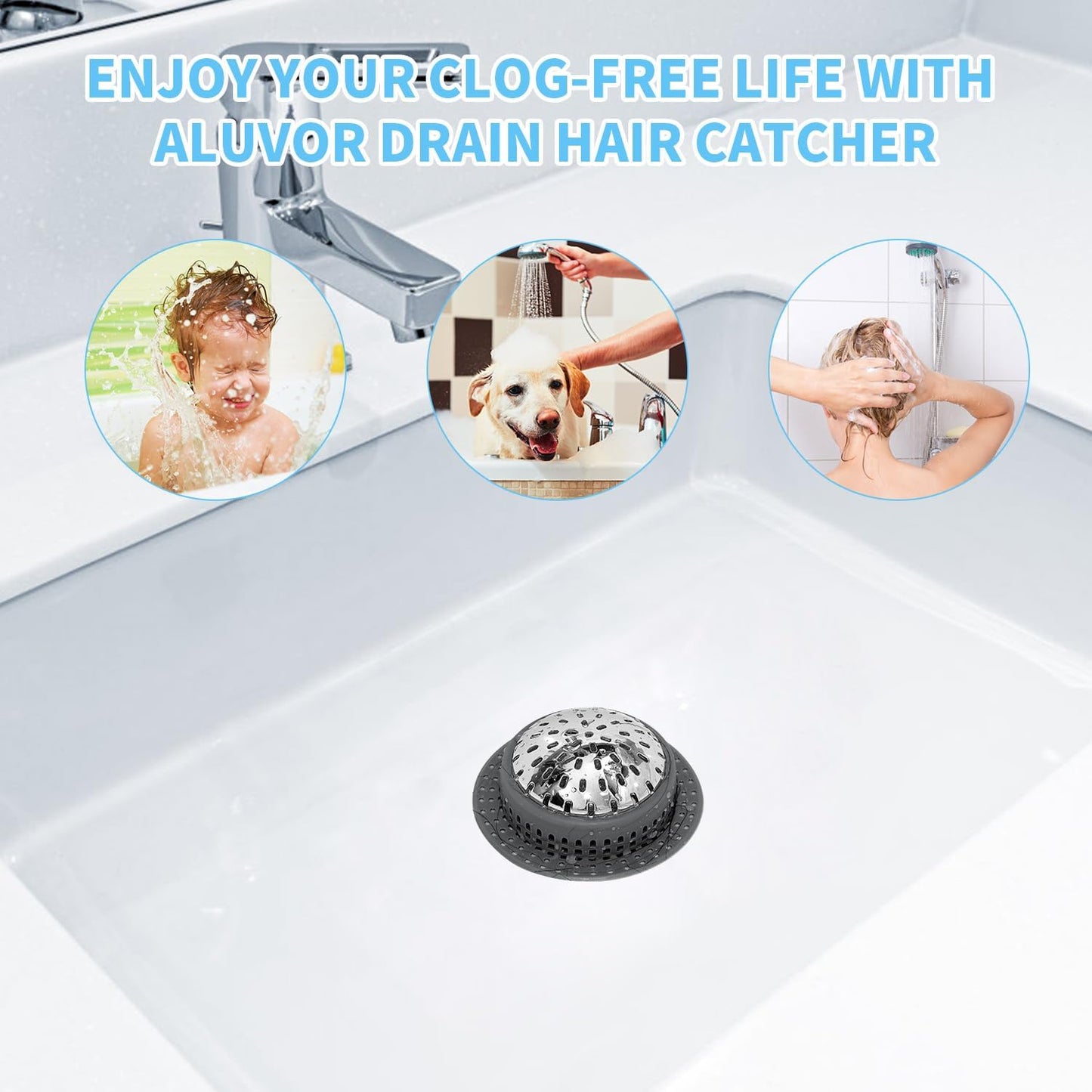 Aluvor Bathtub Drain Hair Catcher Shower Drain Cover Sink Drain Protector | Bathroom Sink & Bathtub Drain Strainer for Pop-Up & Regular Drains, grey