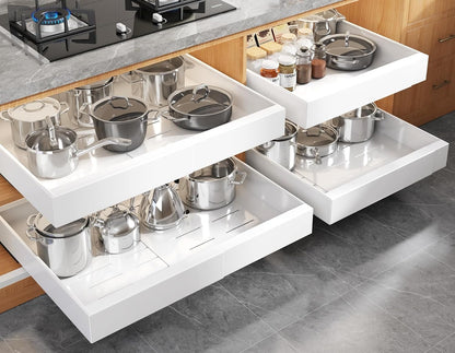 Seinloes 4 Pack Expandable Pull Out Cabinet Organizer 21"Deep With Raising Pad for Framed Cabinets,Upgrade 3 Slide Rails Slide Out Drawers,No Drill Roll Out Shelves,Adjustable Width 12.1"-20.4" White
