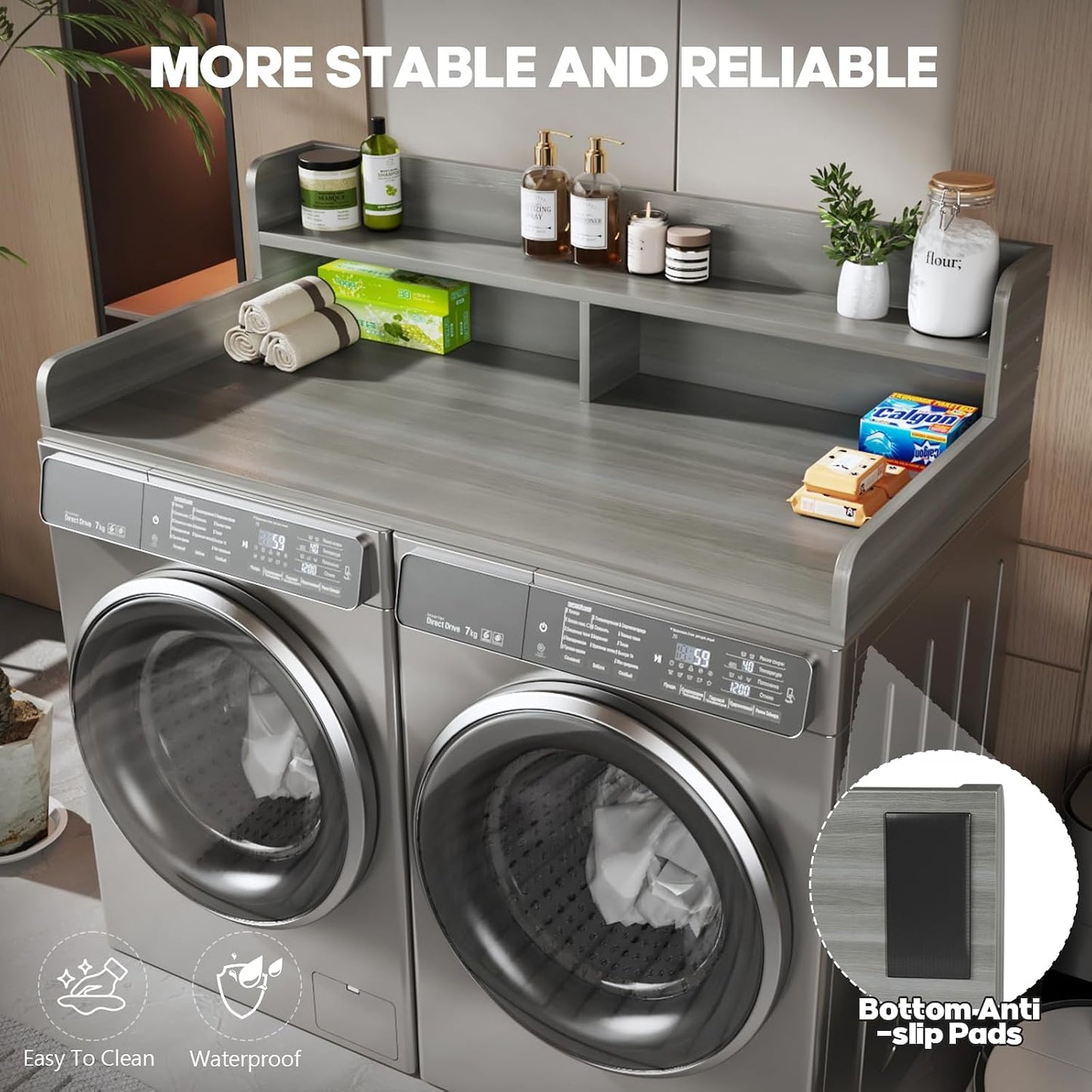 2-Tier Washer and Dryer Countertop with 2.75" H Guard,54" W x 27.5" D Laundry Countertop Cover with Non-Slip Pad,Large Space Laundry Topper for Folding Clothes Over Washer and Dryer-White