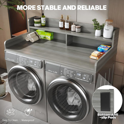 2-Tier Washer and Dryer Countertop with 2.75" H Guard,54" W x 27.5" D Laundry Countertop Cover with Non-Slip Pad,Large Space Laundry Topper for Folding Clothes Over Washer and Dryer-White