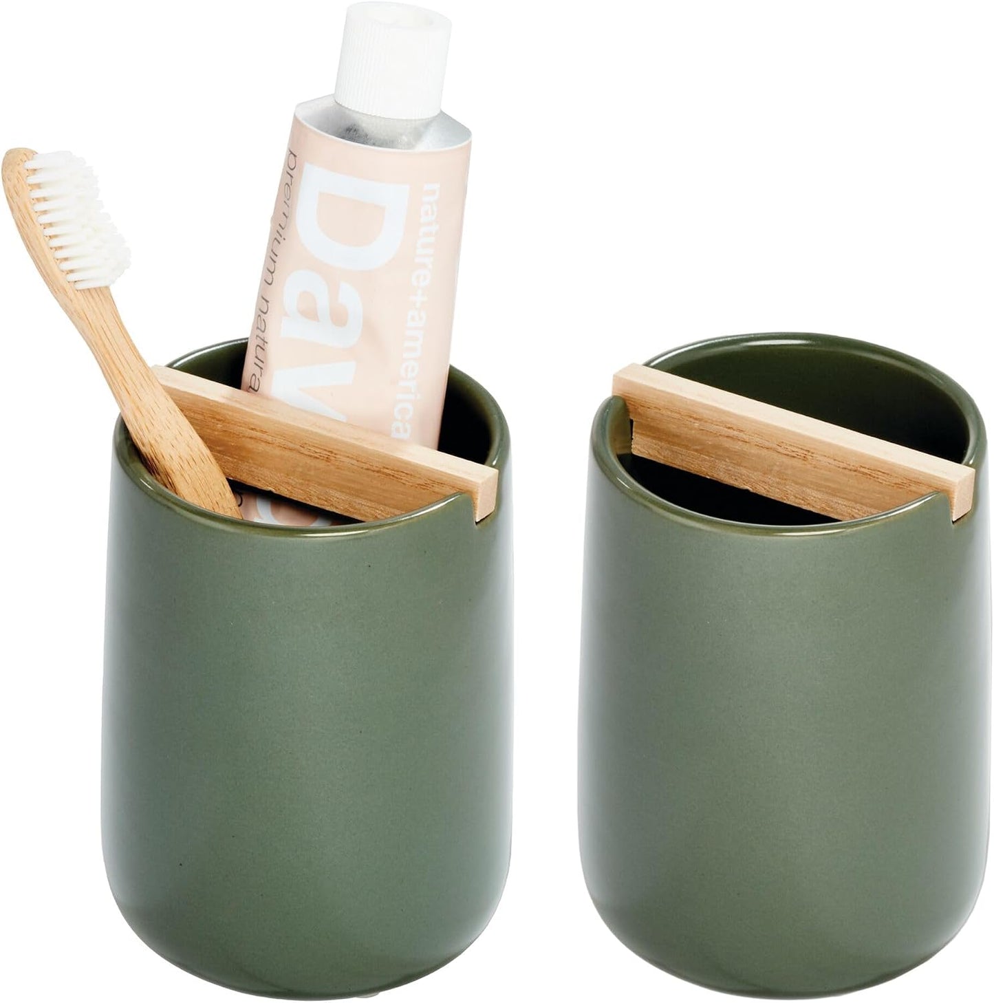 iDesign Ceramic Earth Collection Toothbrush Holder, Moss/Natural Wood | Paulownia Wood Divider