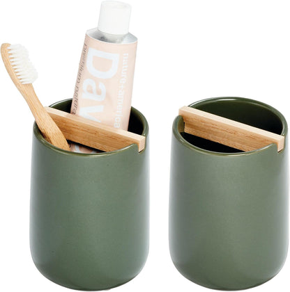 iDesign Ceramic Earth Collection Toothbrush Holder, Moss/Natural Wood | Paulownia Wood Divider