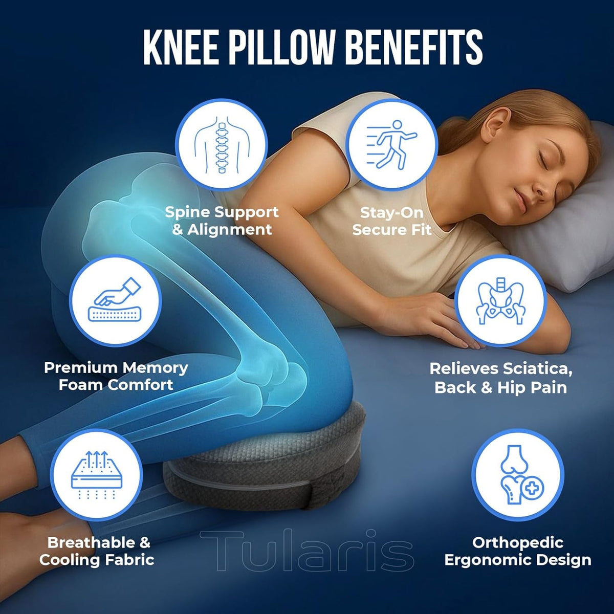 Memory Foam Knee Pillow for Side Sleepers Hip Pain with Adjustable Strap - Between Leg Pillow for Side Sleeping - Sciatica Pain Relief Support for Back, Knees, Joints, and Spine Alignment Cushion
