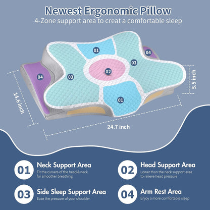 Cervical Pillow for Neck Pain Relief, Ergonomic Neck Pillow for Sleeping, Contour Side Sleeper Pillow for Neck Support, Orthopedic Cooling Memory Foam Pillows for Back Stomach Sleepers (Blue)