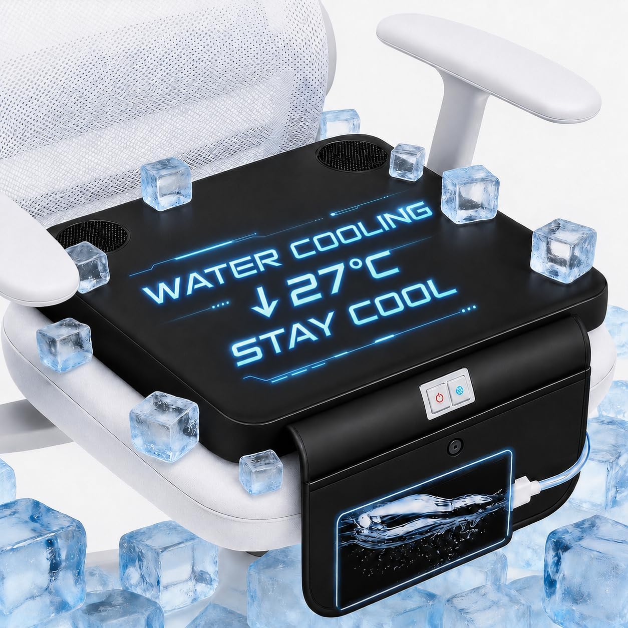 80°F Water Cooling Seat Cushion for Car Seat & Office Chair | 3-Speed Strong Cooling for Long Sitting, 300ml Water Bag, Truck Driver, Wheelchair, Travel & Stadium, Gift for Father, Dad